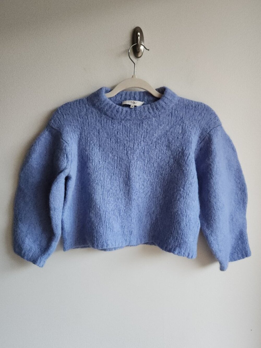 Tibi Cozette Sky Blue Alpaca Cropped Sweater with Balloon Sleeves - Sz S/M